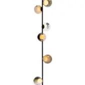 Floor lamp, black metal, with six amber glass globes suspended on a slender pole, minimalist contemporary design.