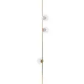 Floor lamp, brass finish, eight-foot height with three clear glass globes secured by circular fittings, black cord, minimalist design.