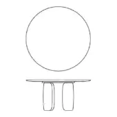 Round table with dark wood tabletop and rectangular metal legs against a white backdrop, featuring minimalist geometric forms.