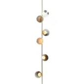 Floor lamp, brass finish, straight column with eight neutral-toned glass globes in clear, white, amber, and teal-gray shades on a white background.
