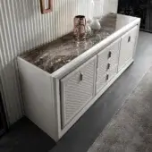 Exceptional DV Home Collection Adler sideboard with multilayer structure covered in white leather and contrasting marble top