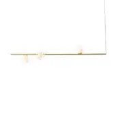 Brass linear suspension light with three clear glass globes and warm amber illumination, minimalist design.
