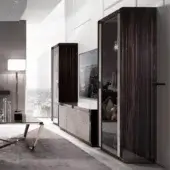 Distinguished DV Home Collection Envy showcase with honey-comb structure in ebony Macassar veneer and tempered glass shelves