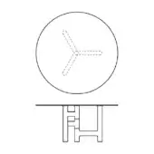 Round table with pivoting black and white line drawing, metal legs, circular top, and stylized “Y” shape graphic above.