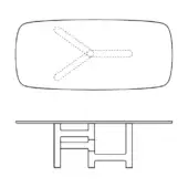 Table line drawing, black geometric legs, curved top with symmetrical dotted wing or leaf design on white background.