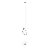 Pendant light, white line drawing, asymmetrical lampshade with circular perforations and slender vertical suspension cable detail.
