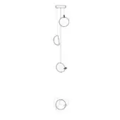 Pendant light fixture, metal, three perforated spherical shades hang from a rectangular mount with an exploded view detail.