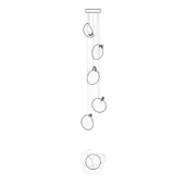 Suspension light fixture, black and white line drawing, seven oval perforated shades, rectangular mount, irregular spacing, technical illustration.