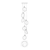 Linear chandelier black and white drawing, rectangular mount, perforated shades, varying lengths, thin wires, minimalist design.