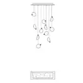 Chandelier line drawing, black and white, rectangular bar with vertical rods and oblong teardrop fixtures, minimalist modern design, labeled "76.11 rec."