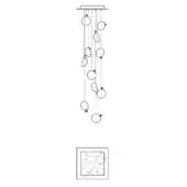 Chandelier, silver-toned metal, with oval glass shades suspended from cables in a technical drawing against a white background.