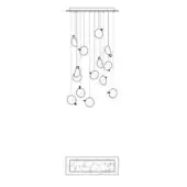 Chandelier technical drawing, white background, rectangular mounting plate, vertical rods suspending frosted glass elements, cross-section illustration.