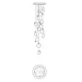 Linear chandelier black and white drawing, featuring parallel wire suspension and clustered teardrop-shaped fixtures, with detail diagram included.