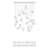 Linear chandelier black and white drawing, rectangular plate, cascading glass rods, minimalist design, modern lighting fixture.