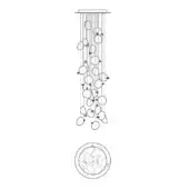 Chandelier technical drawing, steel wires, oblong lights, cascading arrangement, circular illuminated area, product label "76.26 round".
