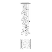Chandelier line drawing, clear cords, oval lights, dense square cluster, technical illustration, white background, inset bottom view.
