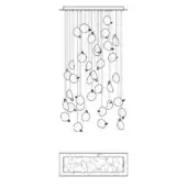 Chandelier line drawing, white background, cascading oval elements suspended from rectangular canopy, technical illustration with inset detail.