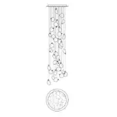 Chandelier line drawing, metal rods, spherical glass shades, cascading arrangement, irregular spacing, white background, technical illustration.