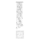 Chandelier technical drawing, slender cable suspension, spherical glass elements, varying sizes, rectangular ceiling mount, white background.