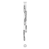 Linear chandelier with dark metal rings suspended from a circular ceiling mount, featuring an irregular, cascading vertical arrangement.