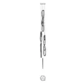 Linear chandelier with clear glass elements and dark metal outlining, featuring a vertical rod and perforated circular base.