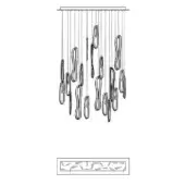 Linear chandelier with twisted cord elements suspended from a horizontal bar, over a rectangular pattern of linear shapes in black and white.