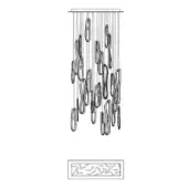 Chandelier line drawing, black and white, with rectangular plate and cascading teardrop shapes, plus inset pattern and “87.26 rec” text.