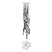 Chandelier line drawing, black and white, cascading loops with clustered circular detail, technical illustration of modern lighting fixture.