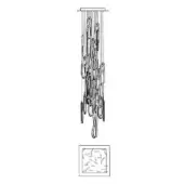 Linear chandelier with dark glass elements suspended from a square metal canopy, mounted to a recessed ceiling fixture.