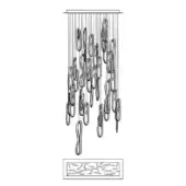 Chandelier with dark metallic finish, cascading elongated shapes, rectangular base featuring abstract pattern, studio lighting, white background.
