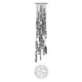 Chandelier technical drawing, metal and glass, circular mounting with elongated glass elements and floor projection pattern.