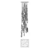Chandelier line drawing, black and white, rectangular mount with cascading organic forms and asymmetrical arrangement, pebble-patterned inset.