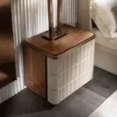 Distinguished DV Home Collection Elite nightstand with Noce Canaletto veneered wood and light beige leather front, refined with a decorative pattern