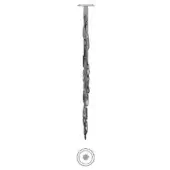 Chandelier, blackened metal, elongated form with cascading leaf-like elements and a circular rosette base against a white backdrop.