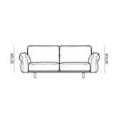 Two-seater sofa line drawing, black on white, with high backrest, rounded arms, and short legs, showing height dimension 32 ⅝ inches.