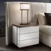 Elite DV Home Collection nightstand with white glossy lacquered finish and striking marble top crafted with bronze stainless steel trim