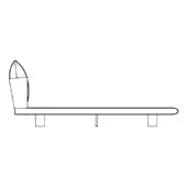 Platform bed line drawing, wood frame, rectangular headboard with pointed top and recessed center, supported by three square legs.