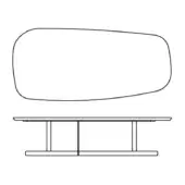 Table, organic shape, minimalist metal base; low profile, asymmetrical design in black line drawing against a white background.