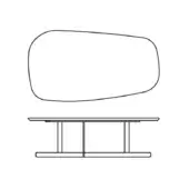 Oval table with metal legs, asymmetrical tabletop, minimalist design, line drawing on a white background, studio illustration.