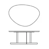 Table line drawing, oval wood tabletop, minimalist black metal base with rectangular supports, modern design, schematic rendering.