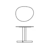 Table line drawing, circular white tabletop, dark pedestal base, minimalist geometric design, technical illustration, white background.