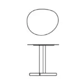 Table line drawing, white background, circular tabletop with organic edge, pedestal base, floating orb mirroring tabletop shape.