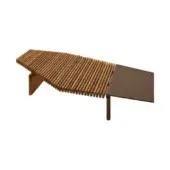 Talamon coffee table, wood slats and dark brown extension, asymmetrical rectangular shape with triangular support base.