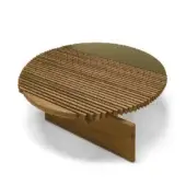 Talamon coffee table, wood and olive-green, circular tabletop with slatted texture and cantilevered rectangular base.