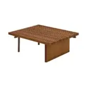 Coffee table, brown wood, slat top design with cylindrical legs and visible dowel connections, minimalist mid-century modern style.