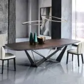 Exceptional Cattelan Italia Skorpio Wood table with angled edges in Canaletto walnut and silver geometric metal supports