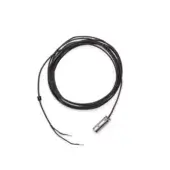 Black woven cable coiled in a circle, featuring a rectangular metallic connector with gold wire accents and etched details.