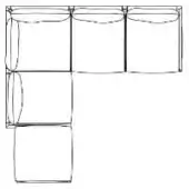 Modular sectional sofa line drawing, L-shape, six rectangular modules, curved wire detail, monochrome, white background.