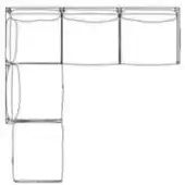Modular shelving unit wireframe, black lines, L-shape arrangement of rectangular modules with rounded corners on a white background.