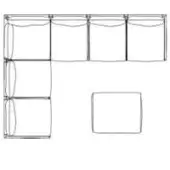 Modular shelving unit wireframe, black lines, L-shape with detached cube, minimalist design, technical rendering, white background.